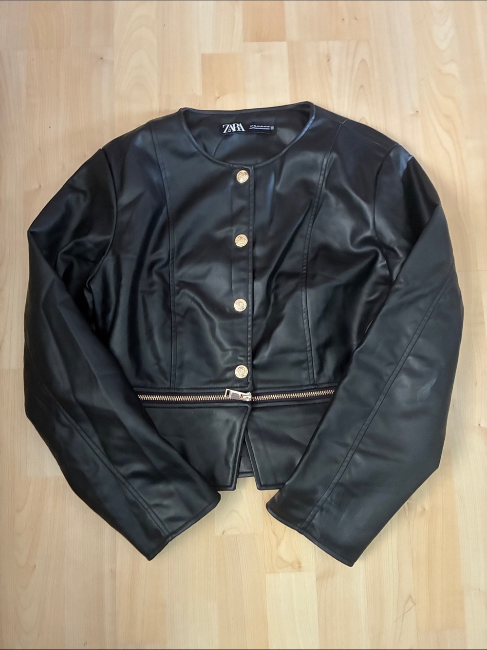 Zara Black Faux Leather Jacket with Gold Buttons and Zip Bottom